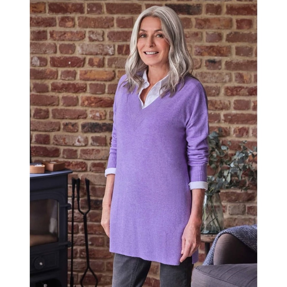 WoolOvers Womens Cashmere‎ Merino Deep V Neck Tunic Size S Purple Quiet Luxury